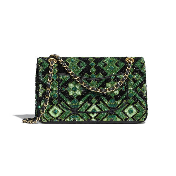 ★シャネル★ クラシック ハンドバッグ スパンコール グリーン A01112 B04832 NB248